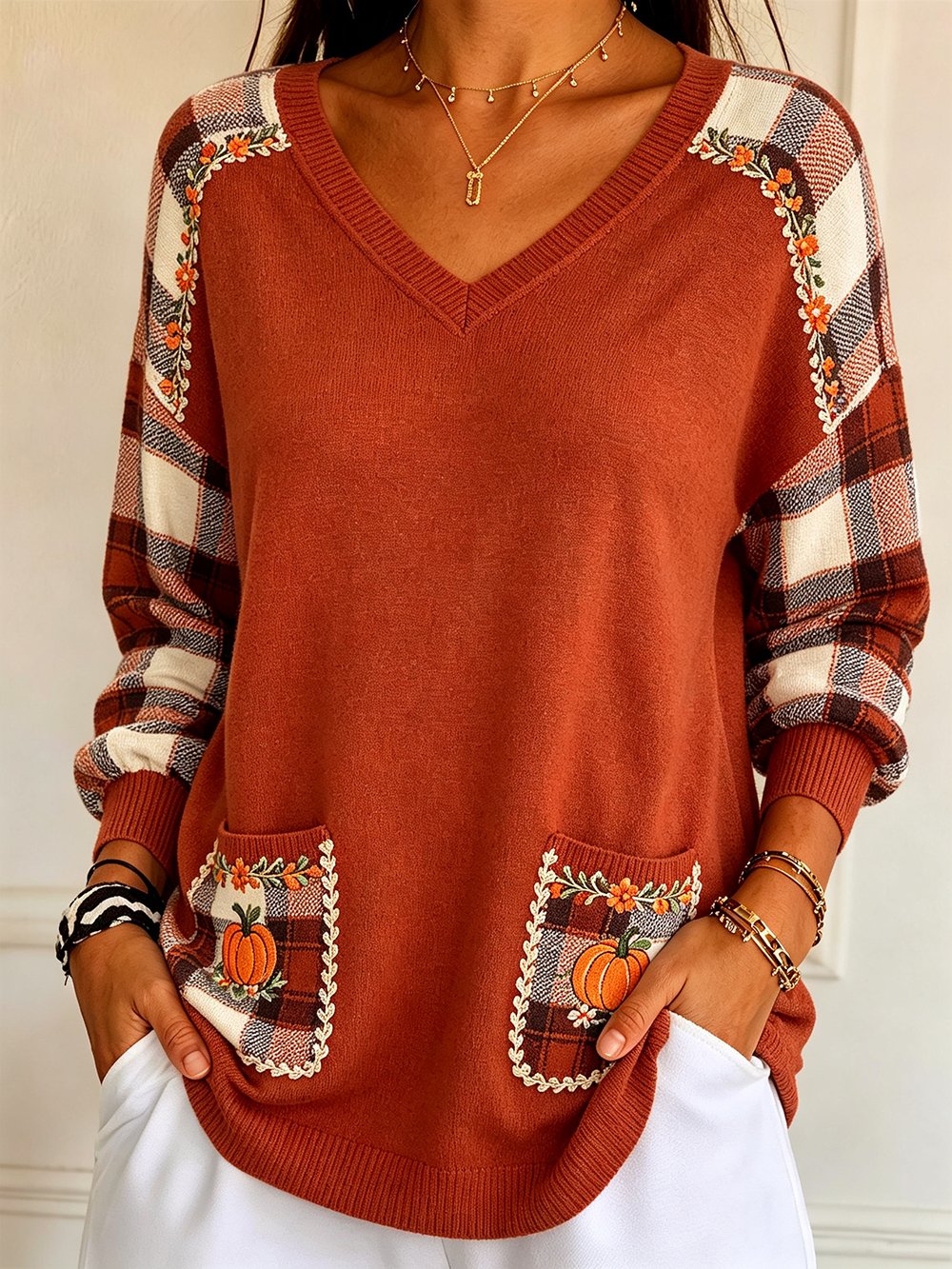 Women's Autumn Collection Printed V-Neck Long-Sleeve T-Shirt