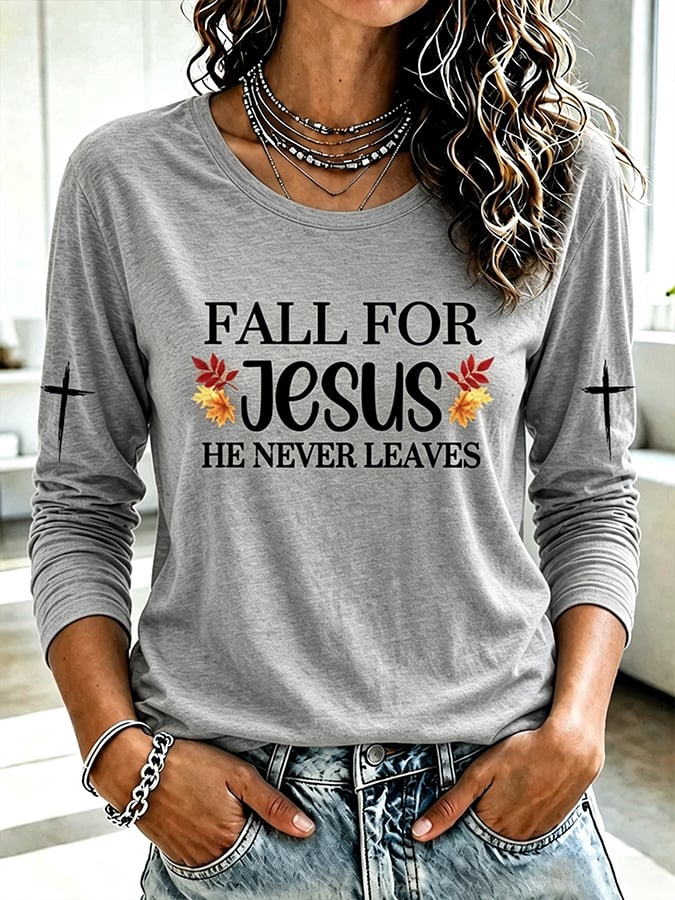 Women's Retro Fall For Jesus He Never Leaves Print T-shirt