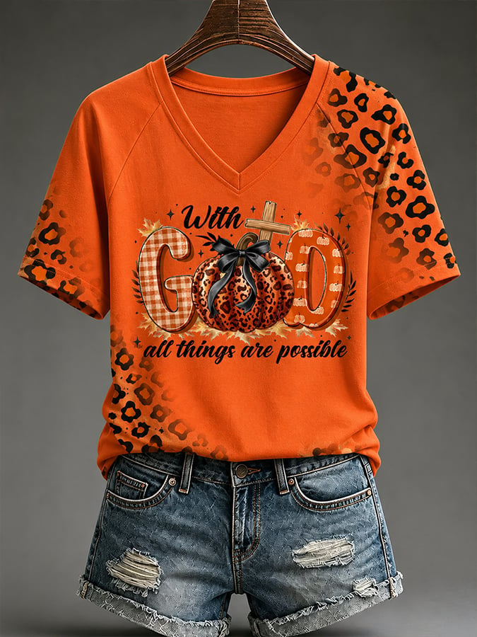 Women's Autumn Pumpkin With God All Things Are Possible Print V-Neck T-Shirt