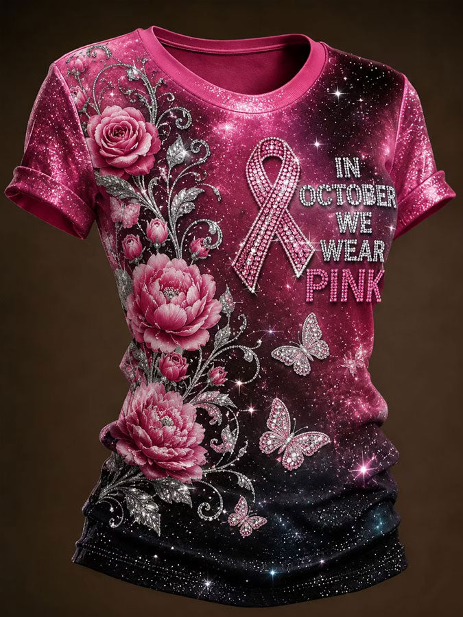 Women'S Pink Art Printed Casual T-Shirt