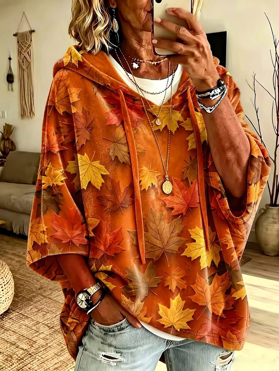 Women's Autumn Velvet Maple Leaf Print Casual Top