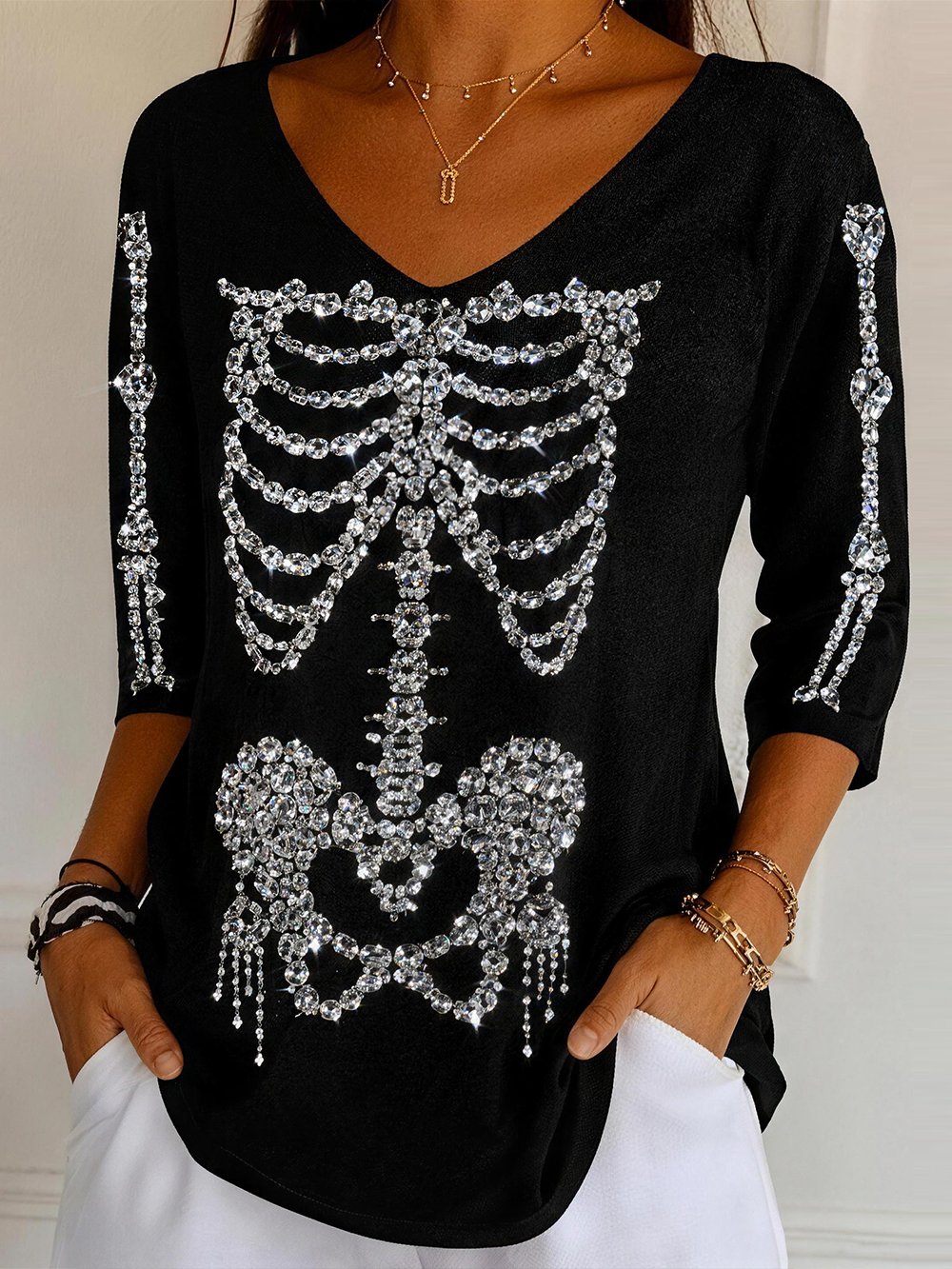 Women's Skull Rhinestone Print V-Neck Long-Sleeve T-Shirt