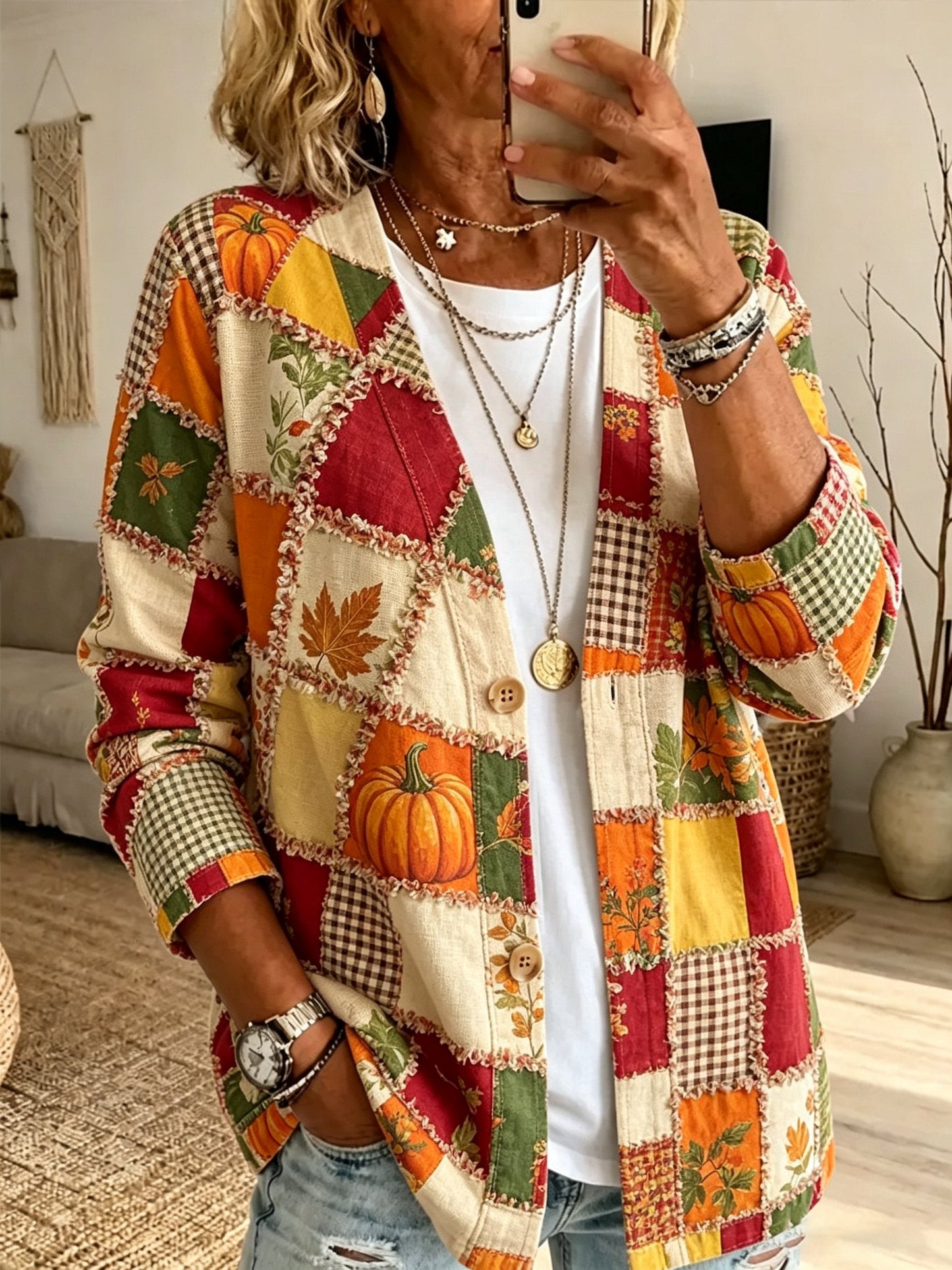 Women's Fall Patchwork Pumpkin Print Cardigan