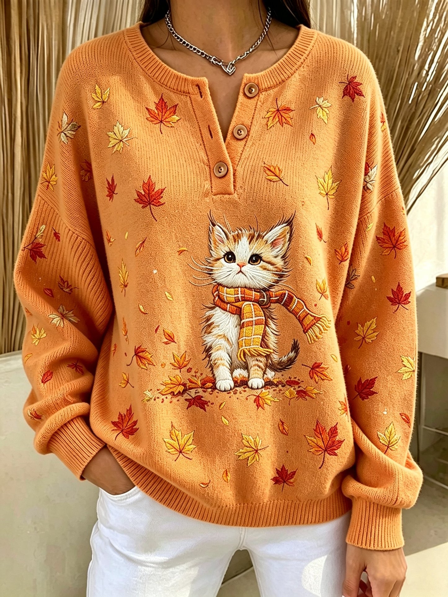 Women's Casual Print Button-Up Collar Knit Top