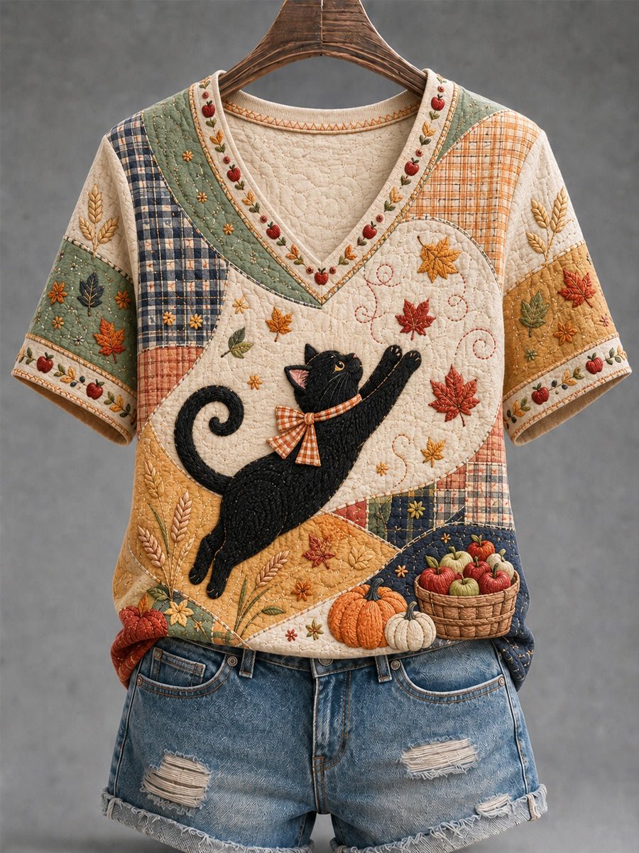 Women's Autumn Floral Plaid Patchwork Black Cat Print T-Shirt