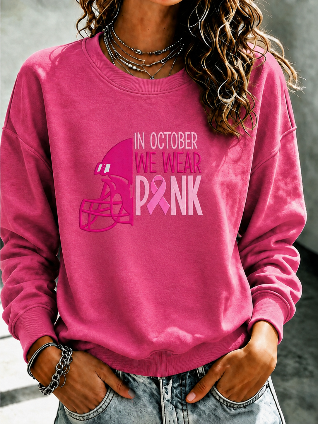 Women'S Breast Cancer Awareness Printed Round Neck Sports Shirt