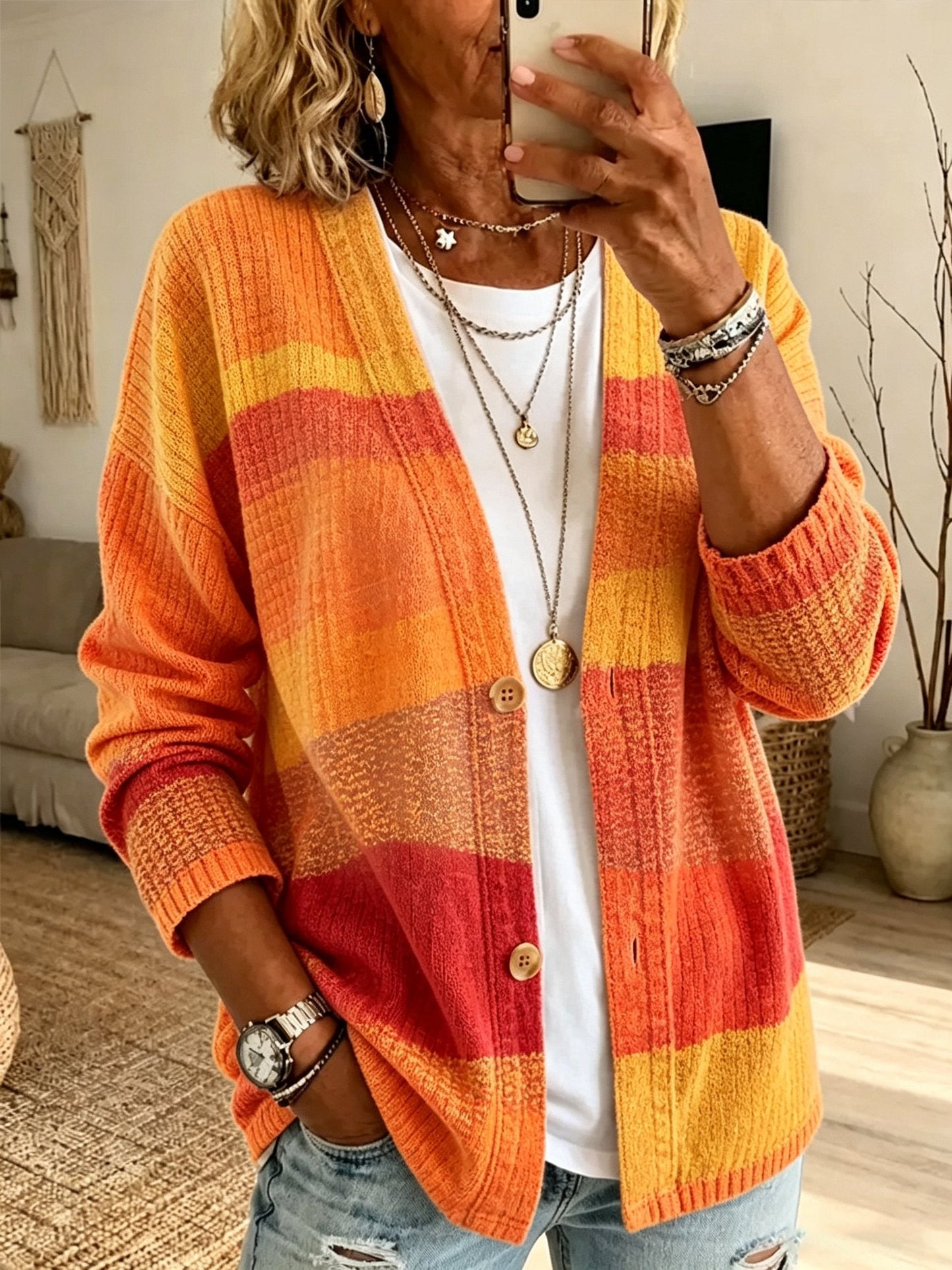 Women's Fall Patchwork Pumpkin Print Cardigan