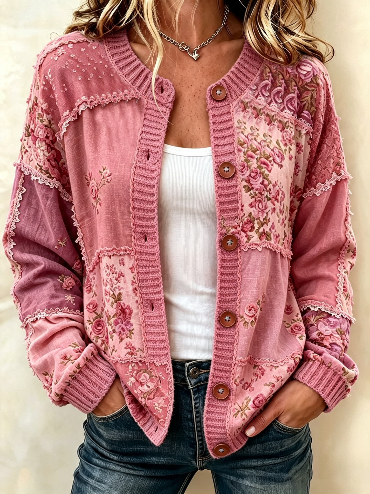 Ladies' Casual Patchwork Knitted Cardigan Top