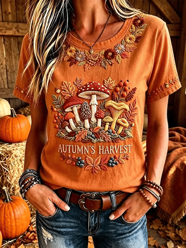 Women's Autumn's Harvest Wild Mushroom Floral Print Casual T-Shirt