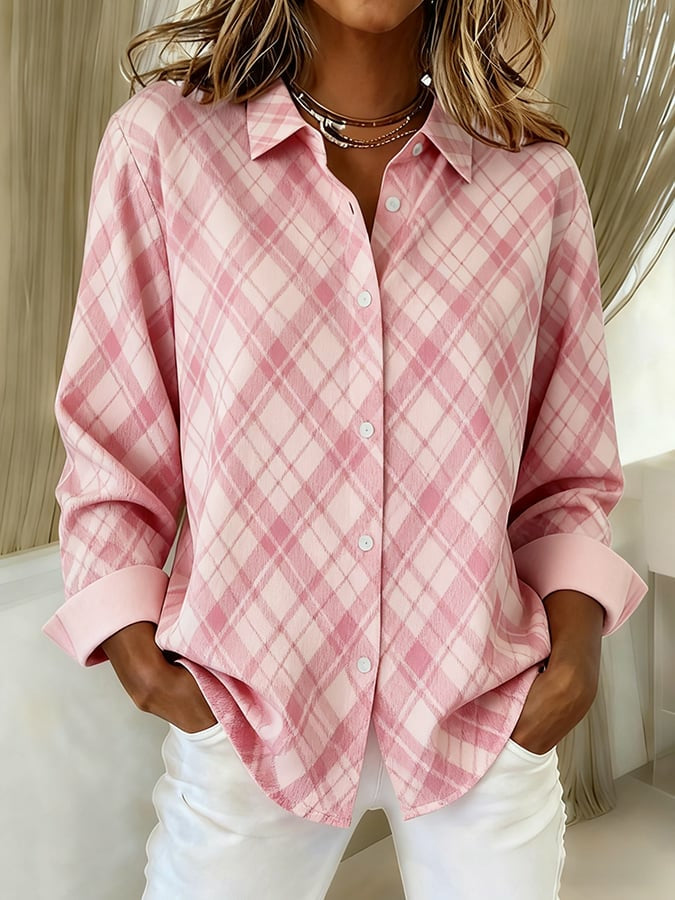 Women's Pink Plaid Print Lapel Long Sleeve Shirt