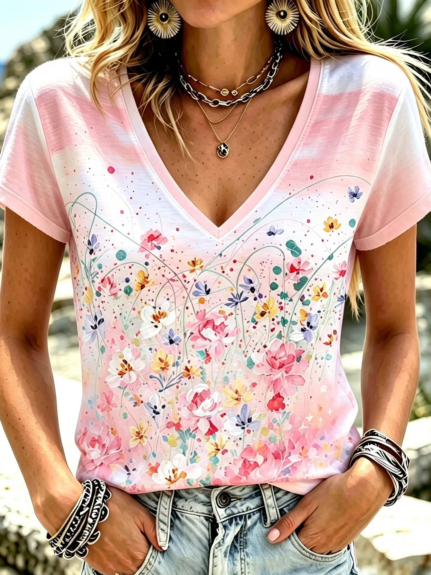 Women's Bohemian Floral Print T-shirt