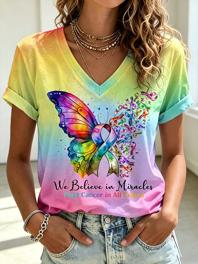 Women'S Fight Cancer In All Colors Printed V-Neck T-Shirt