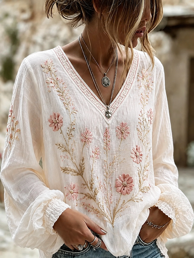 Women'S Plant Flower Printed Casual V-Neck Top