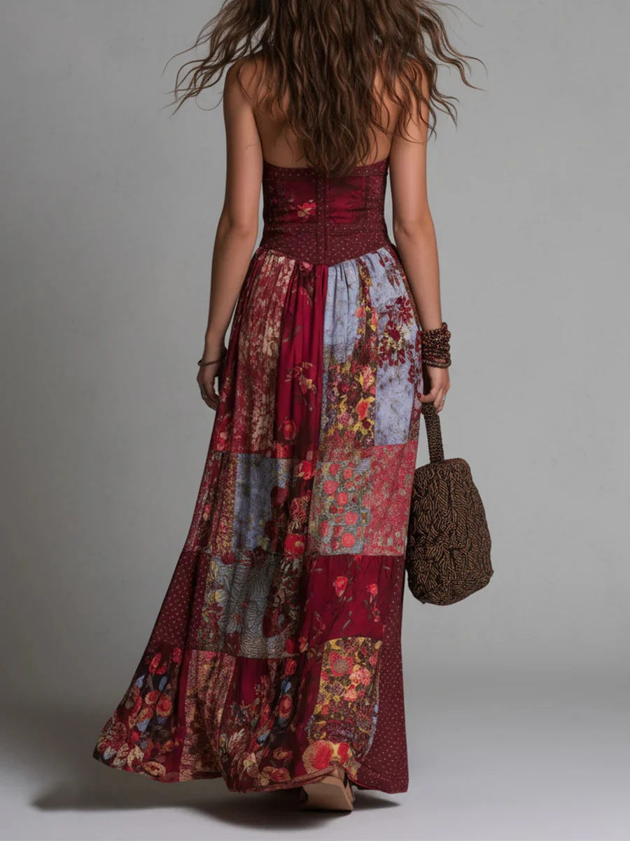 Vintage V-neck Patchwork Print Linen & Cotton Maxi Dress