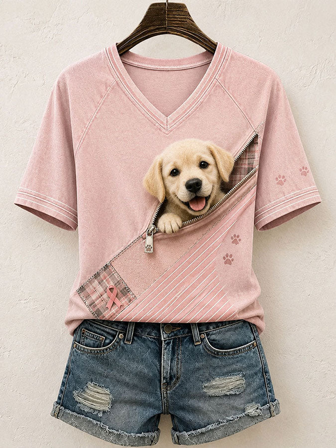 Women'S Cute Dog Pink Ribbon Printed Casual V-Neck T-Shirt
