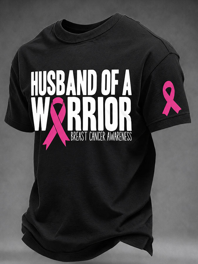 Men's Husband Of A Warrior Pink Ribbon Breast Cancer Awareness Graphic T-Shirt