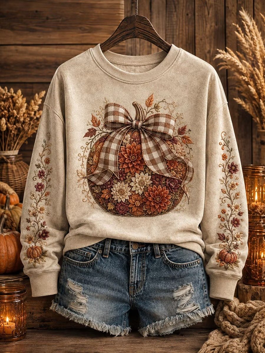 Autumn Pumpkin Floral Wreath Bow Vintage Women’s Crewneck Sweatshirt