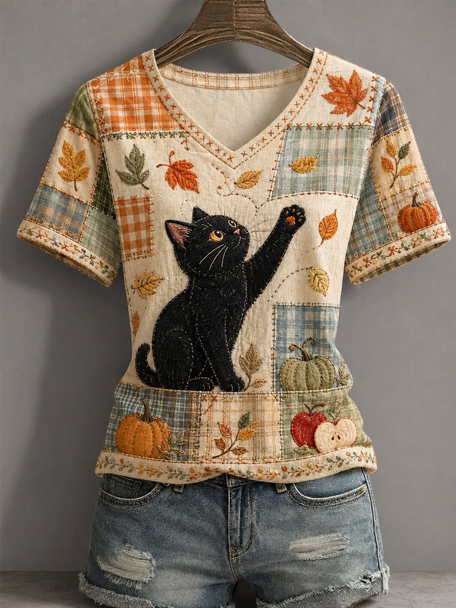 Women's Autumn Floral Plaid Patchwork Black Cat Print T-Shirt