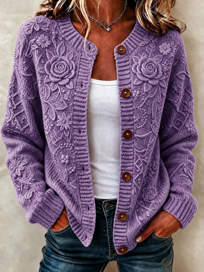 Women'S Floral Printed Knitted Cardigan Top