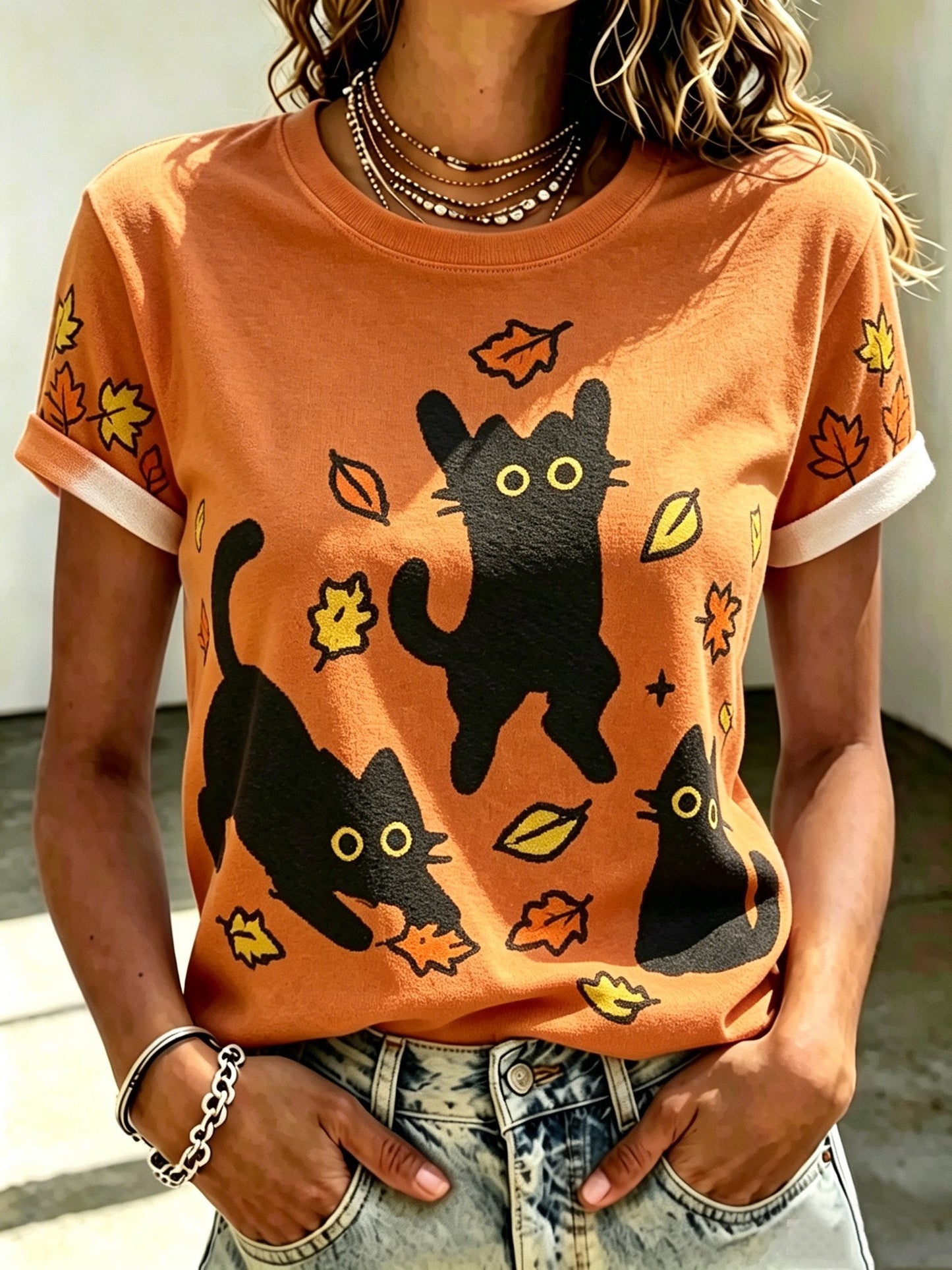 Women's Casual Crew-Neck Top with Cute Cat Print