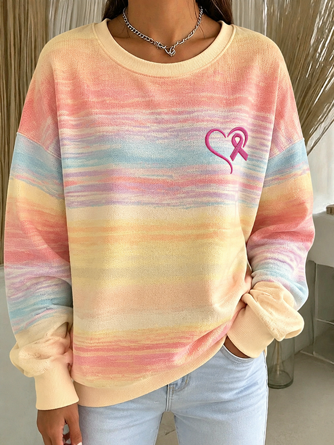 Ladies' Casual Pink Ribbon Round Neck Sports Shirt