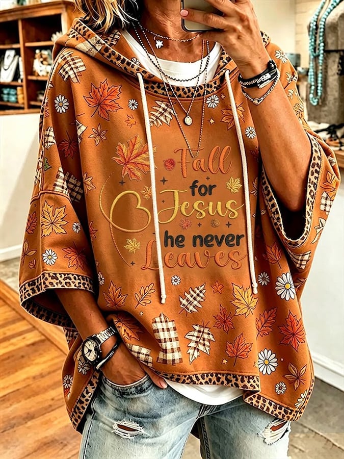 Women's Fall For Jesus He Never Leaves Print Hooded Sweatshirt
