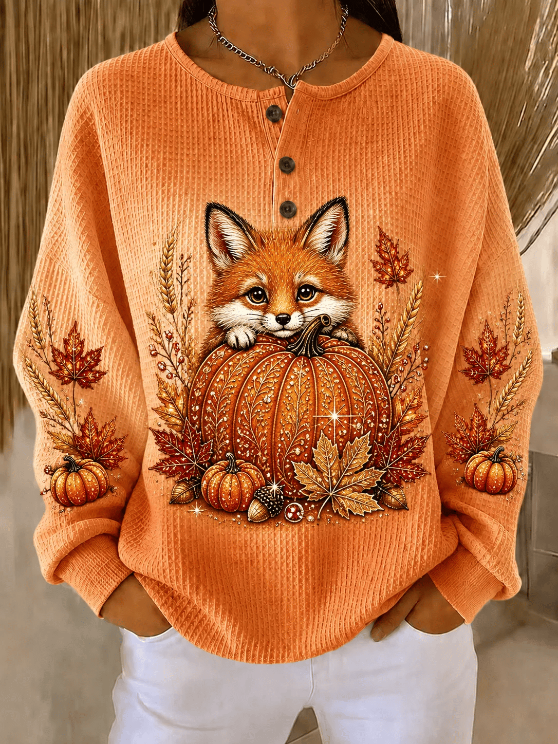 Women's Casual Printed Waffle-Knit Henley Sweatshirt