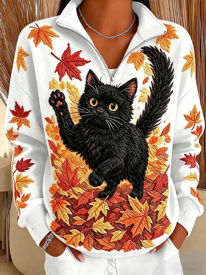 Women's Casual Printed Zipper Collar Long-Sleeve Sweatshirt