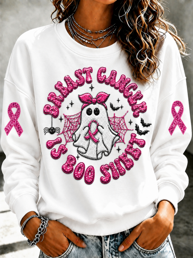 Women'S Pink Patchwork Print Breast Cancer Awareness Crewneck Sweatshirt
