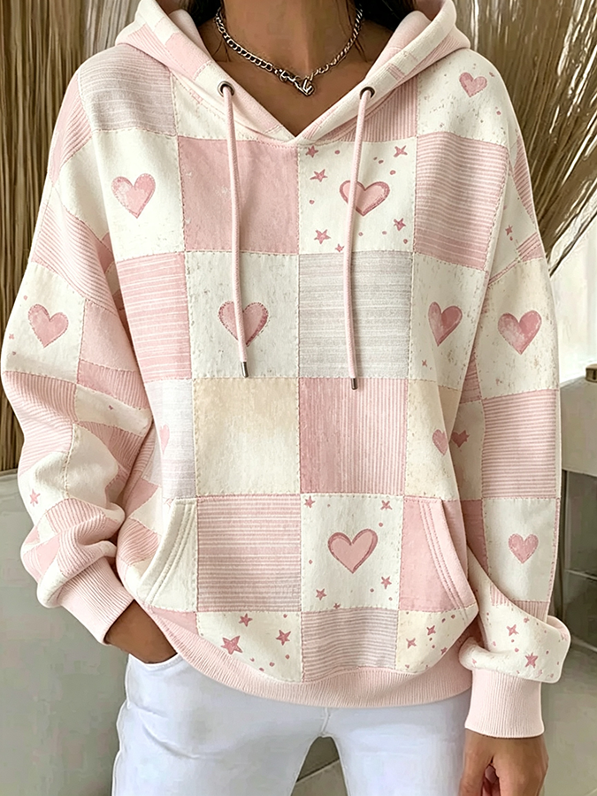 Women'S Spliced Contrasting Printed Hooded Sweatshirt