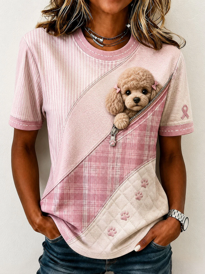Women'S Cute Poodle Pattern Patchwork Art T-Shirt