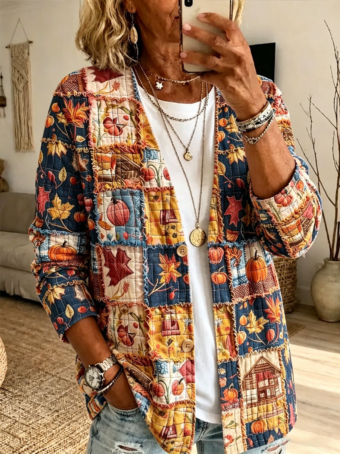 Women's Fall Patchwork Pumpkin Print Cardigan