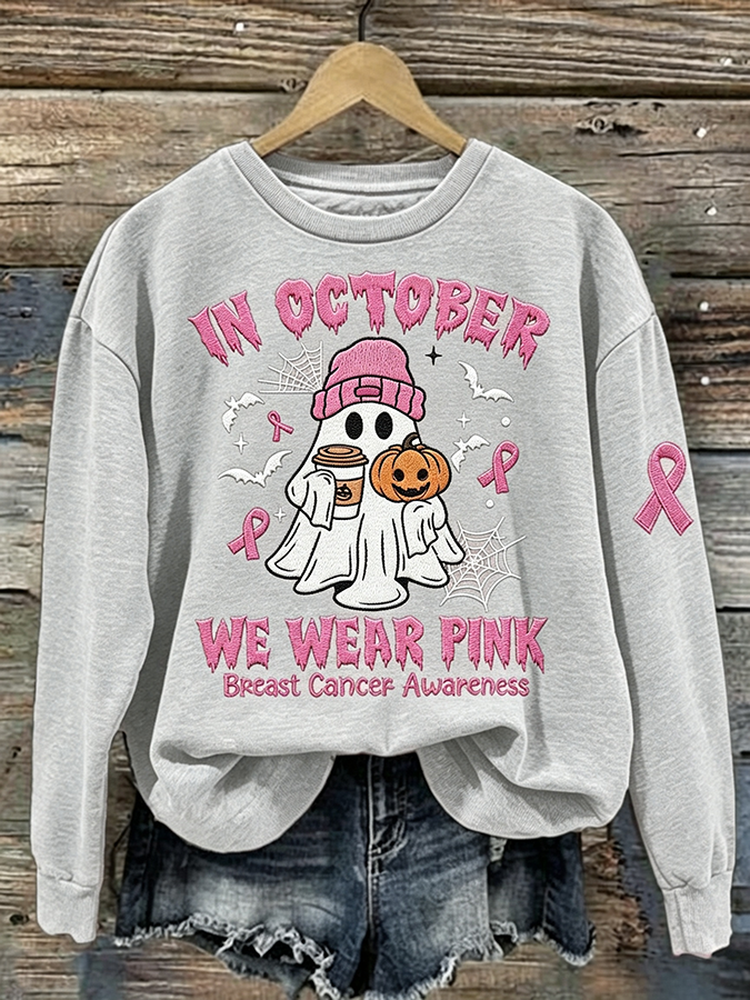 Women's Halloween Ghost In October We Wear Pink Breast Cancer Awareness Sweatshirt