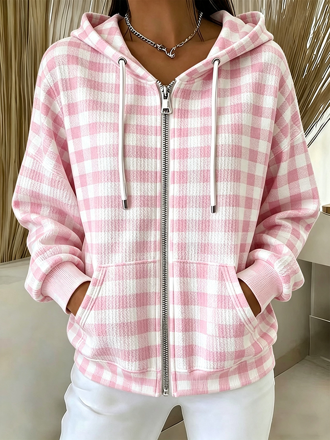 Women'S Casual Checkered Zipper Hooded Sweatshirt