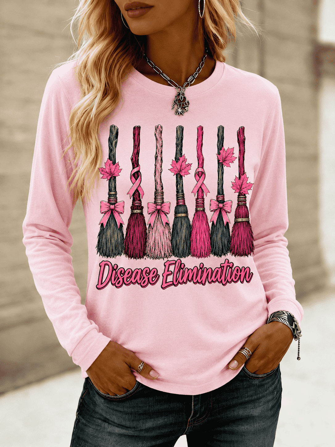 Women's Disease Elimination Witch Broom Pink Ribbon Maple Leaf Graphic Long Sleeve Tee