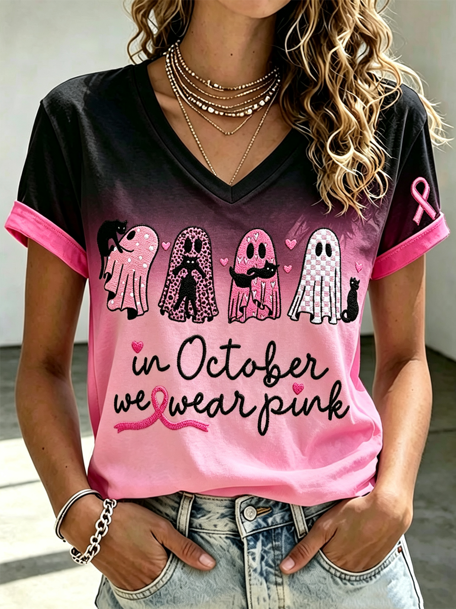 Women'S Casual Gradual Change Halloween Breast Cancer Printed T-Shirt