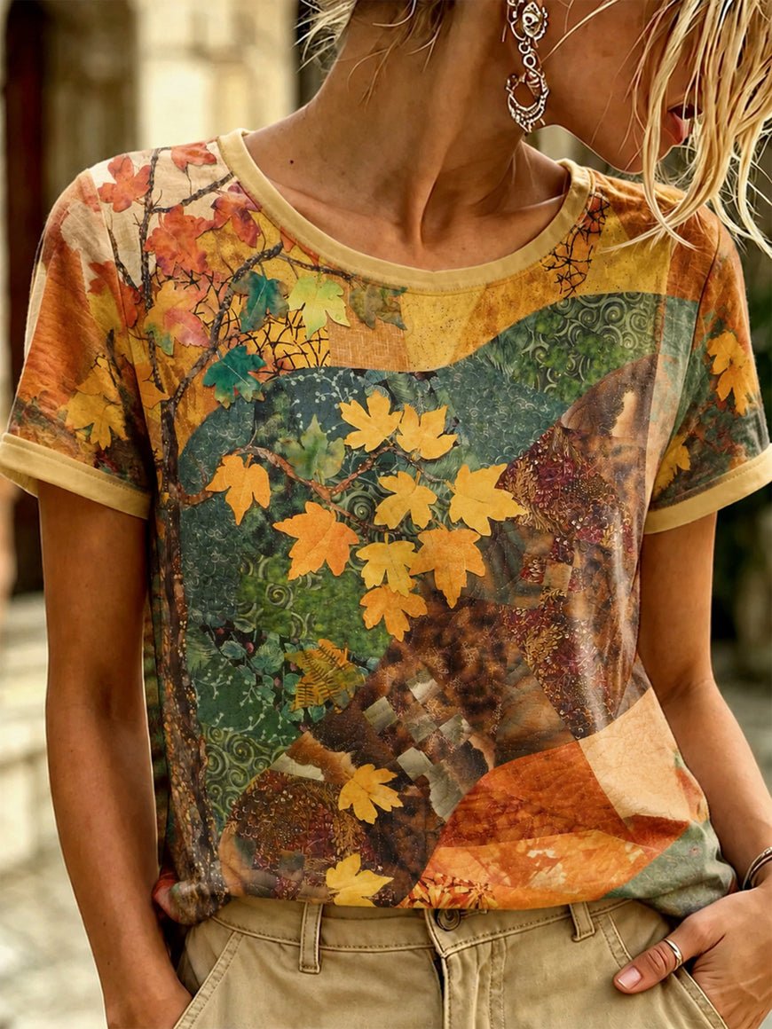 Women Fall Vintage Leaf Print T-Shirt