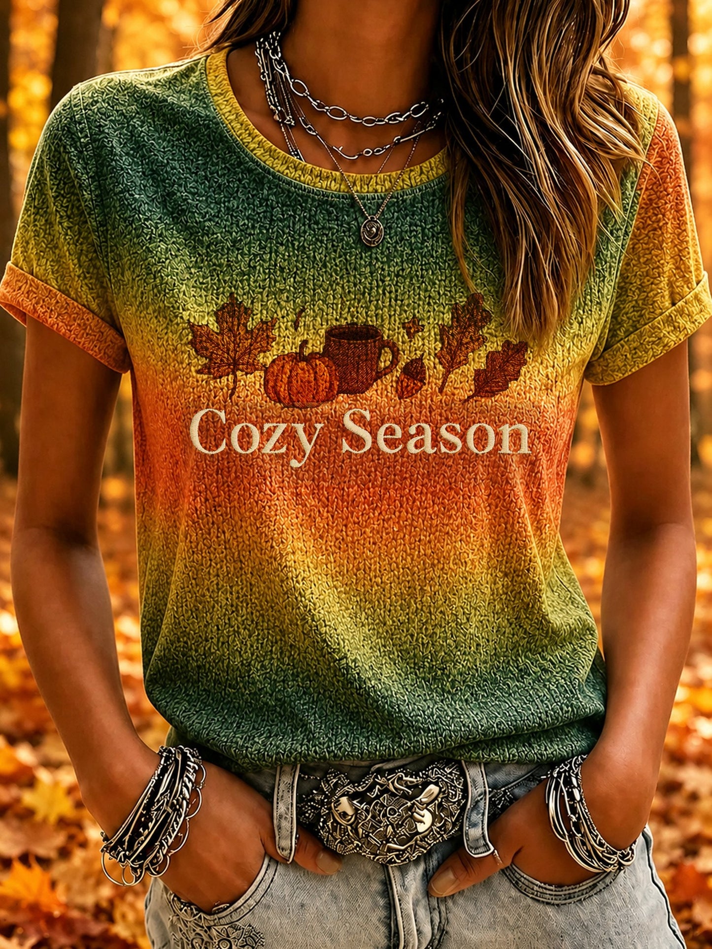 Women's Warm Seasonal Printed Crew Neck Top
