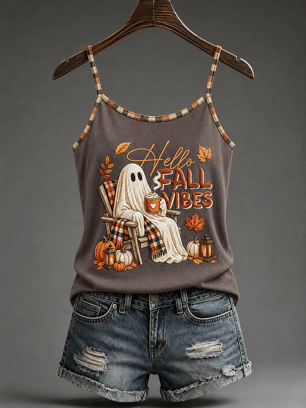 Women's Retro Hello Fall Vibes Print Casual Spaghetti Strap Top