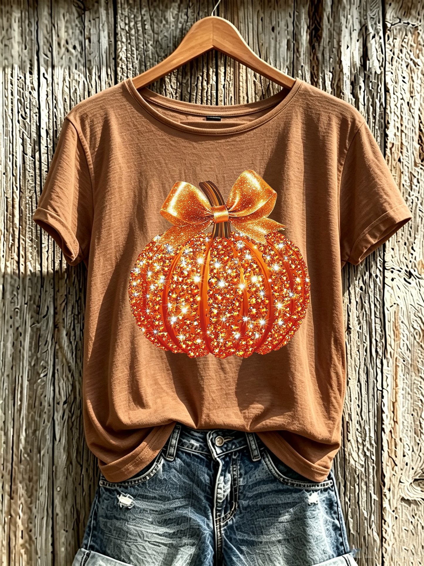 Women's Autumn Sequin Pumpkin Print Crew Neck T-Shirt