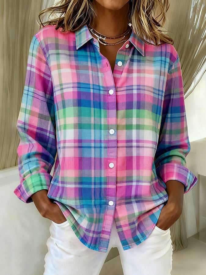 Women's Pink Plaid Print Lapel Long Sleeve Shirt