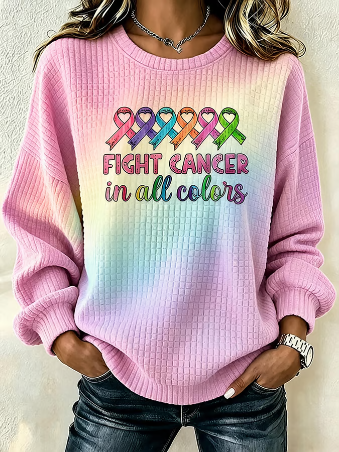 Women's Waffle All Cancer Fight Religious Beliefs Print Crew Neck Check Sweatshirt
