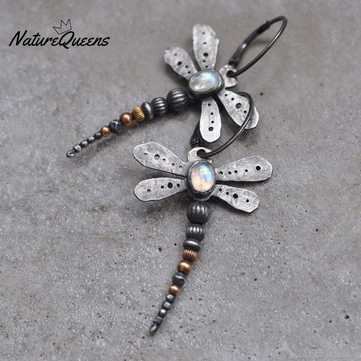 Round moonstone dragonfly earrings