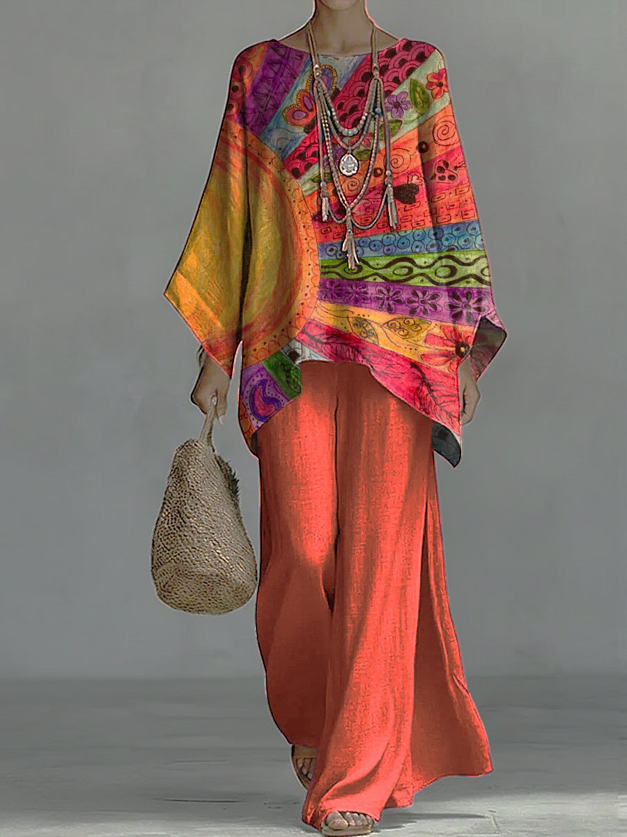 Bohemian-style Color-block Ombré Batwing Top + Linen-look Wide-leg Pants Two-piece Set