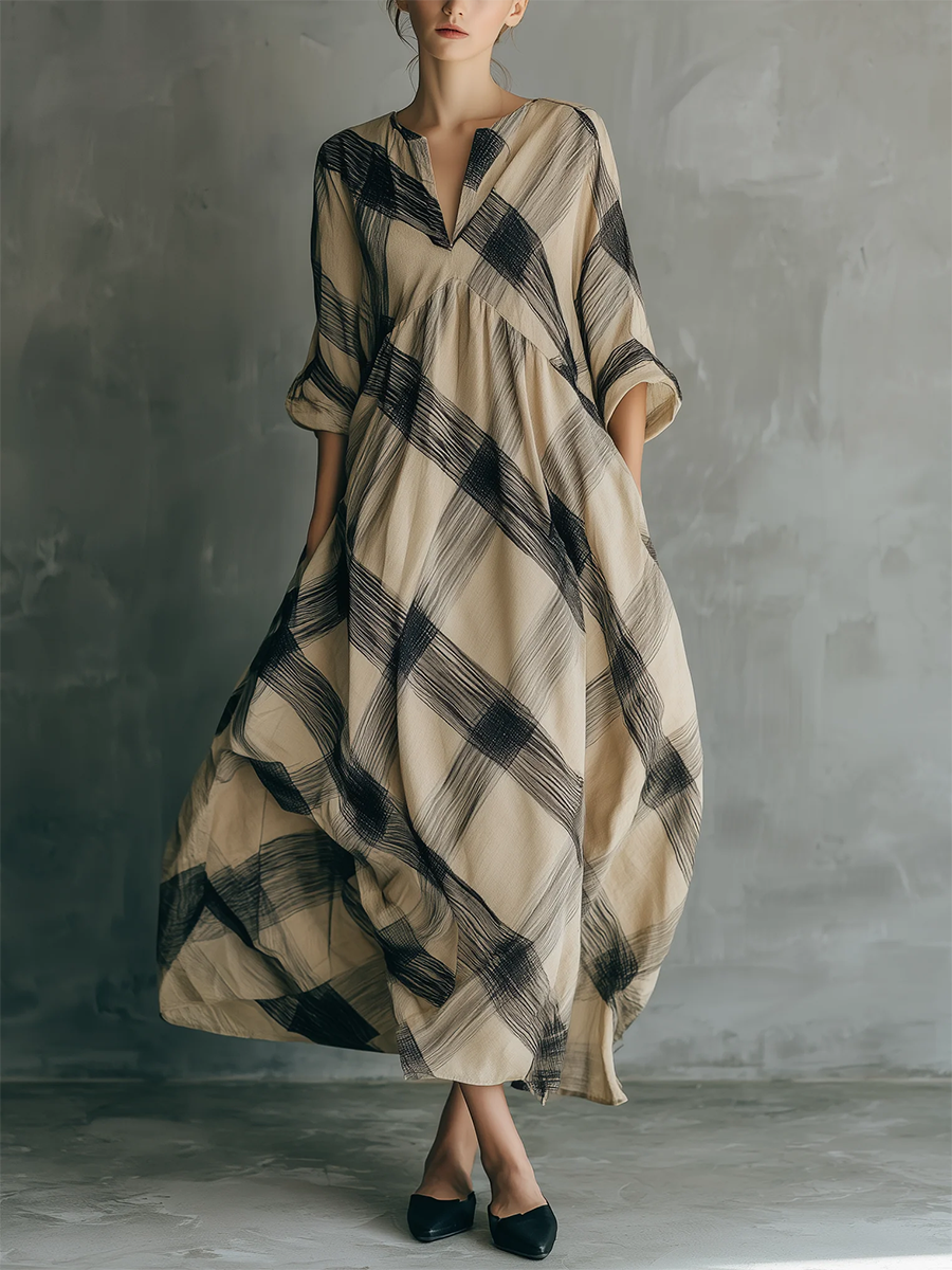 Artistic Brushstroke Print Loose Cotton-linen Dress