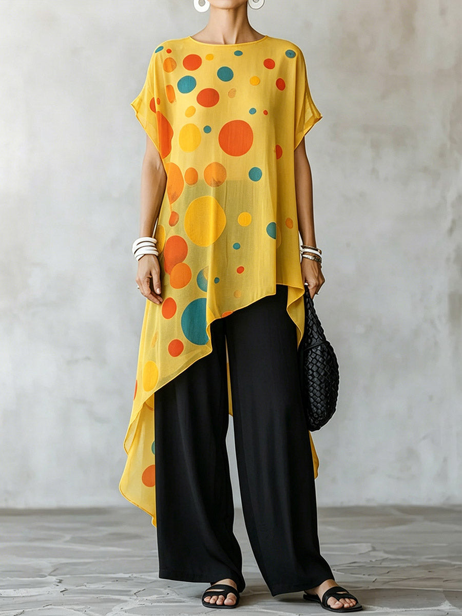 Women's Casual Two-piece Set: Geometric Print Round-neck Short-sleeve Loose Chiffon Top & Solid Color High-waisted Cotton-linen Wide-leg Pants