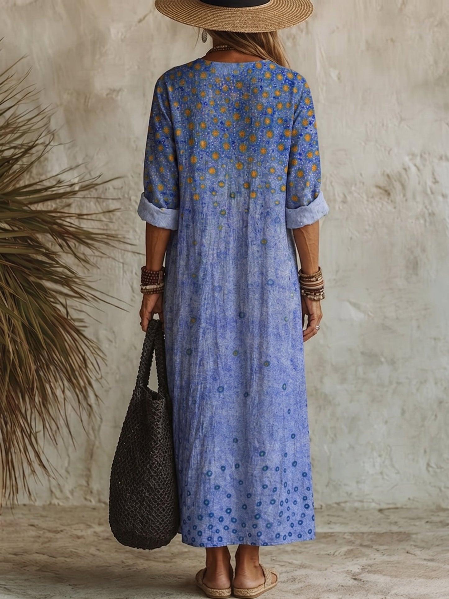 Women's Vintage Print Casual Cotton-linen Maxi Dress