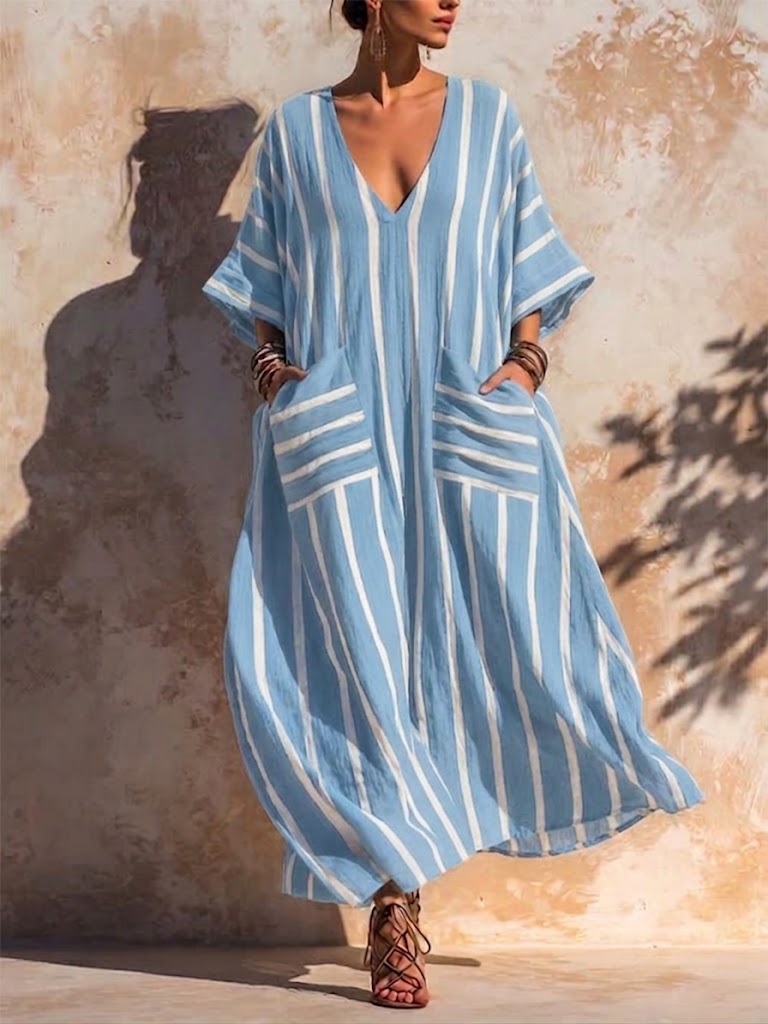 Casual Loose-fit Striped Linen And Cotton Dress