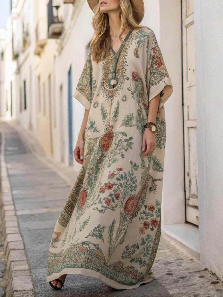 Women's Vintage-print V-neck 3/4-sleeve Casual Loose Cotton-linen Dress