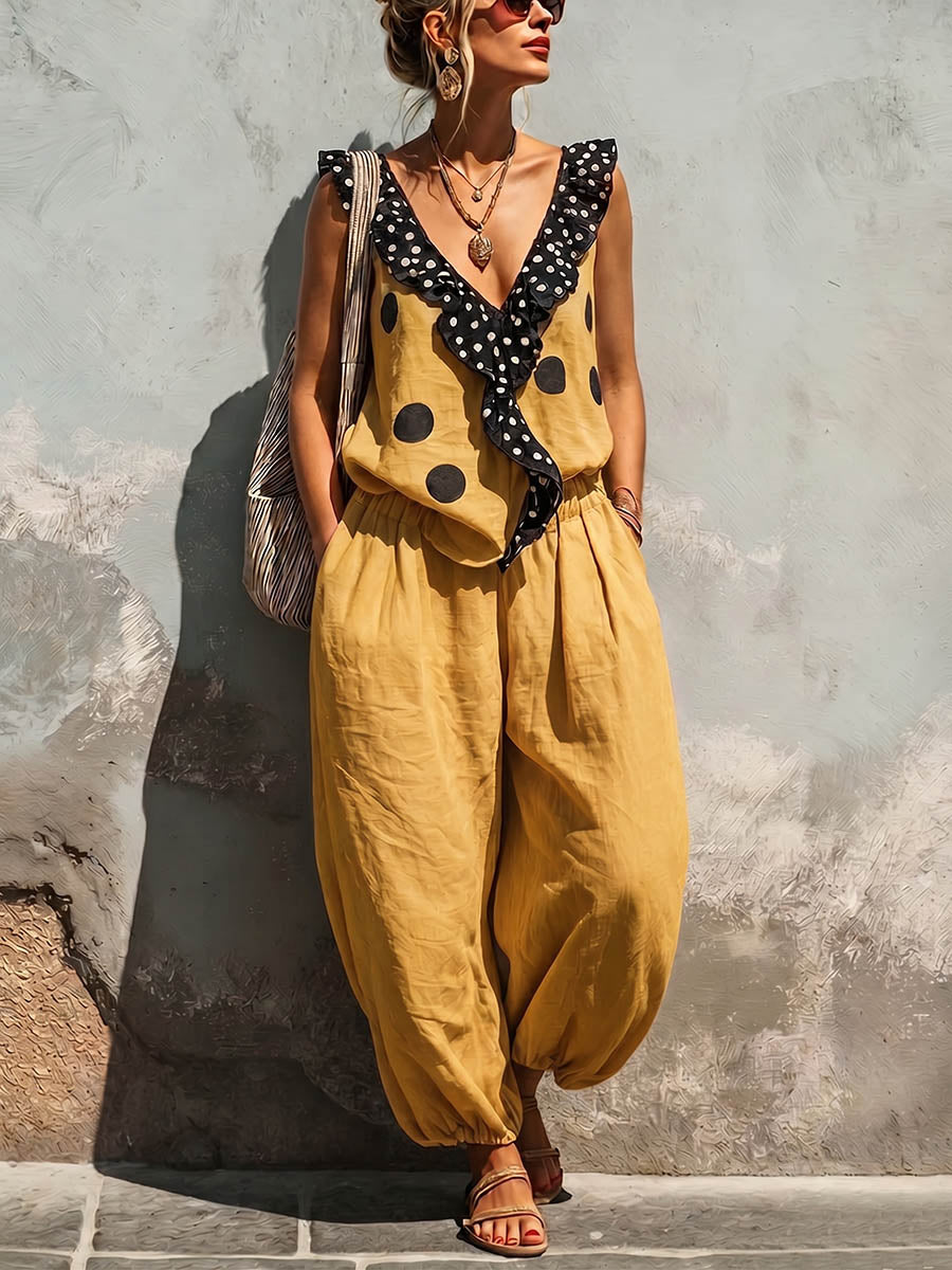Women's Polka Dot Print V-neck Sleeveless Loose-fit Cotton-linen Top & Elastic-waist Wide-leg Pants Set
